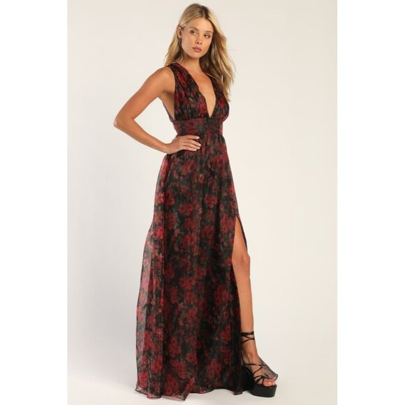 Lulus Dresses & Skirts - Lulus Garden Of Passion Organza Maxi Dress Black Red Floral Size L Wimsigoth